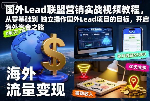 国外Lead联盟营销实战视频教程,从零基础到独立操作国外Lead项目的目标,开启海外淘金之路-大米网创