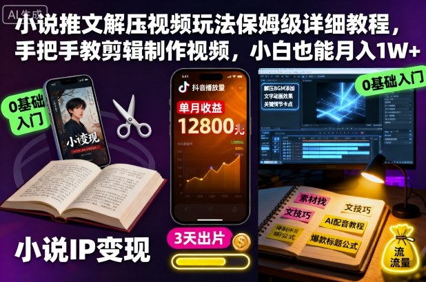 小说推文解压视频玩法保姆级详细教程,手把手教剪辑制作视频,小白也能月入1W+-大米网创