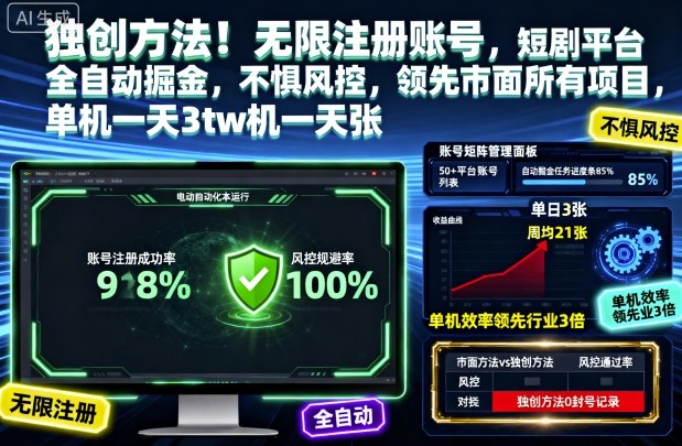 独创方法!无限注册账号,短剧平台全自动掘金,不惧风控,领先市面所有项目,单机一天3张-大米网创