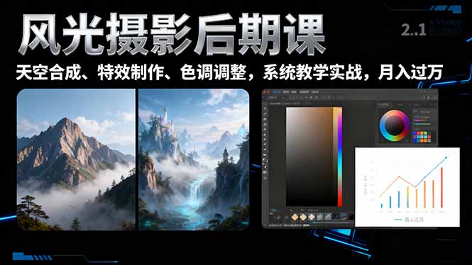 风光摄影后期课，一键换天空合成、特效制作、色调调整，月入过万-大米网创