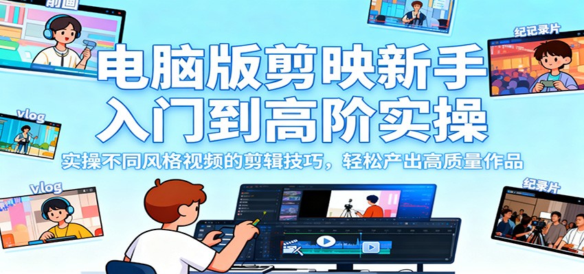 电脑版剪映新手入门到高阶实操,实操不同风格视频的剪辑技巧,轻松产出高质量作品-大米网创