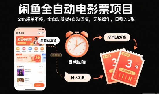 闲鱼全自动电影票项目,24h爆单不停,全自动发货+自动回复,无脑操作,日稳入3张-大米网创