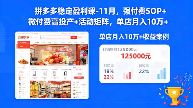 拼多多稳定盈利课-11月，强付费SOP+微付费高投产+活动矩阵，单店月入10w+-大米网创