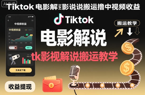 Tiktok电影解说搬运撸中视频收益，tk影视解说搬运教学-大米网创