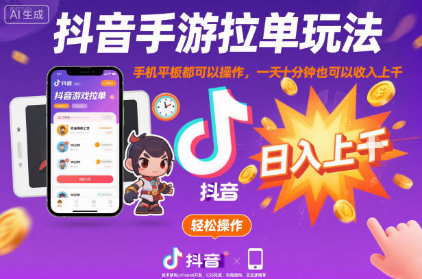 抖音手游拉单玩法，手机平板都可以操作，一天十分钟也可以收入上K-大米网创