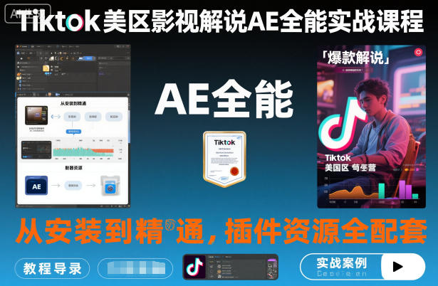 Tiktok美区影视解说AE全能实战课程:从安装到精通,插件资源全配套,TK影视解说必学-大米网创