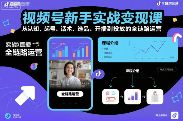 视频号新手实战变现课，从认知、起号、话术、选品、开播到投放的全链路运营-大米网创