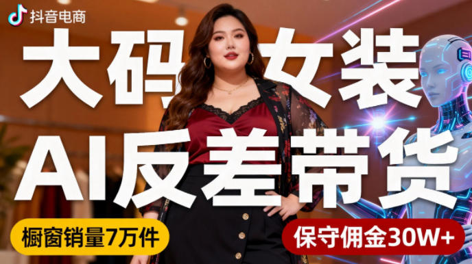 抖音小众赛道，大码女装AI反差带货，不用直播，每天6条作品，橱窗卖7万件，保守佣金30W+-大米网创
