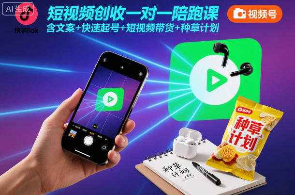 短视频创收一对一陪跑课，含文案+快速起号+短视频带货+种草计划-大米网创