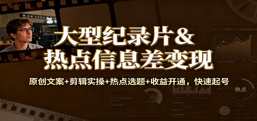 大型纪录片&热点信息差变现：原创文案+剪辑实操+热点选题+收益开通，快速起号-大米网创