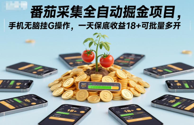 番茄采集全自动掘金项目，手机无脑挂G操作，一天保底收益18+可批量多开-大米网创