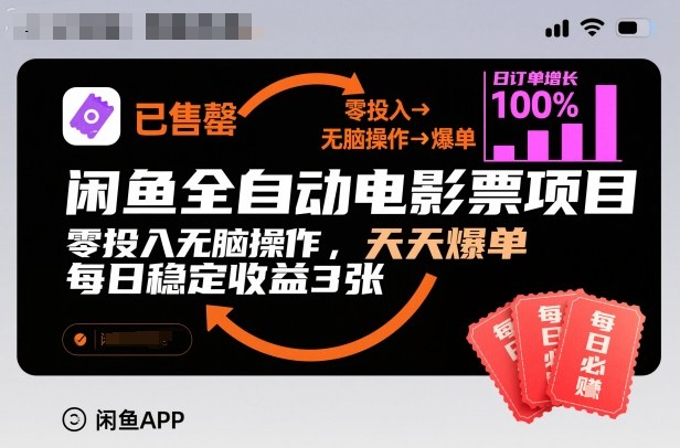 闲鱼全自动电影票项目，零投入无脑操作，天天爆单，每日稳定收益3张-大米网创