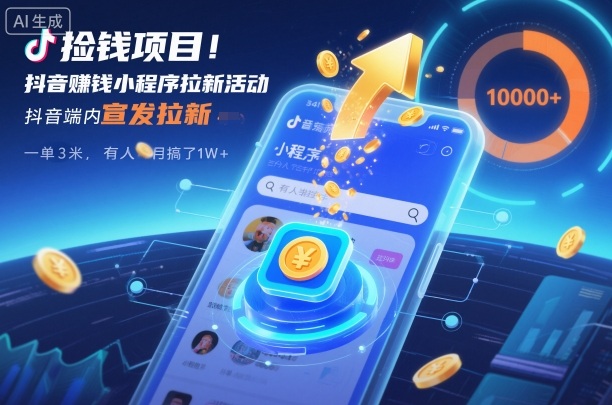 捡钱项目！抖音賺钱小程序拉新活动，抖音端内宣发拉新，一单3米，有人半个月搞了1W+-大米网创
