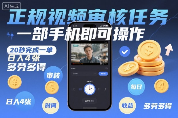 正规视频审核任务，一部手机即可操作，20秒完成一单，日入4张，多劳多得-大米网创