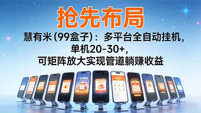 【抢先布局】慧有米(99盒子):多平台全自动挂机,单机20-30+,可矩阵放大实现管道躺赚收益-大米网创