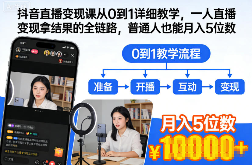 抖音直播变现课从0到1详细教学，一人直播变现拿结果的全链路，普通人也能月入5位数-大米网创