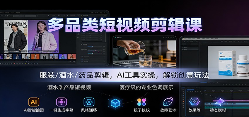 多品类短视频剪辑课：服装/酒水/药品剪辑，AI工具实操，解锁创意玩法-大米网创