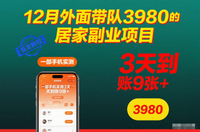 12月外面带队3980的居家副业项目，一部手机实测3天到账9张+，首发教程-大米网创