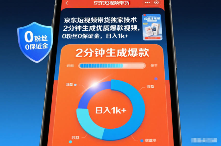 京东短视频带货独家技术,2分钟生成一条优质爆款视频,0粉丝0保证金,日入1k+-大米网创