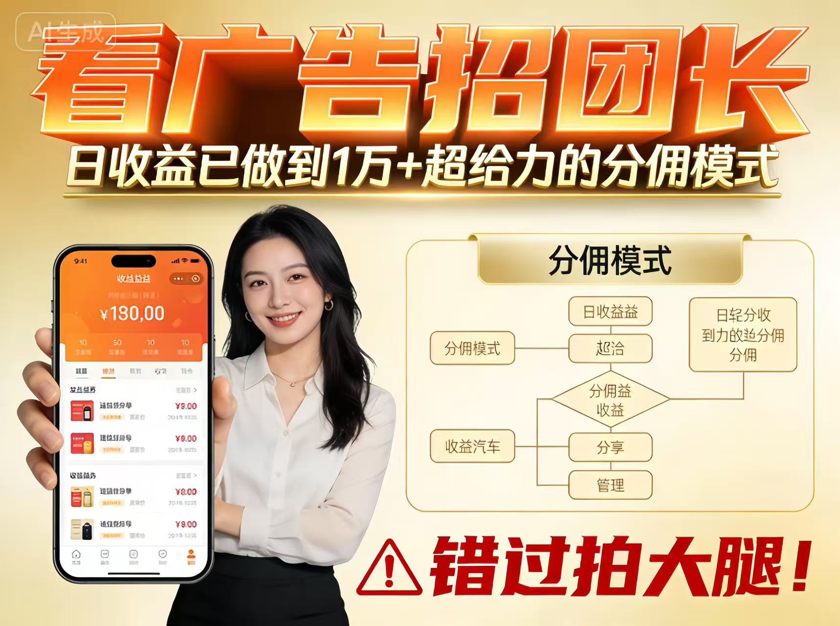 看广告招团长，团队收益已做到日入1万，分佣模式超给力，错过拍大腿-大米网创