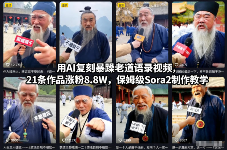 用AI复刻暴躁老道语录视频,21条作品涨粉8.8W,保姆级Sora2制作教学-大米网创
