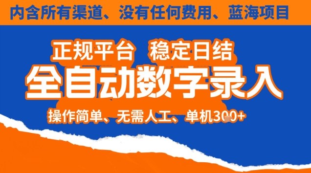 全自动数字录入,单机日入3张+,内含所有渠道全程免费零成本,操作简单可矩阵开干-大米网创