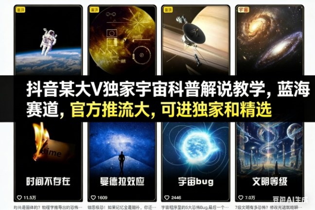抖音某大V独家宇宙科普解说教学，蓝海赛道，官方推流大，可进独家和精选-大米网创