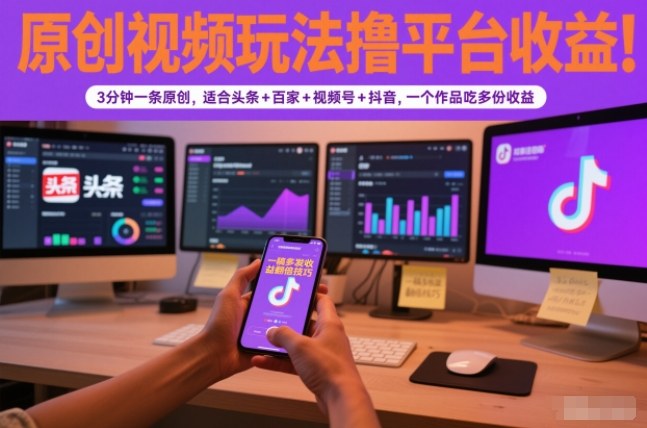 原创视频玩法撸平台收益，3分钟一条原创，适合头条+百家+视频号+抖音，一个作品吃多份收益-大米网创