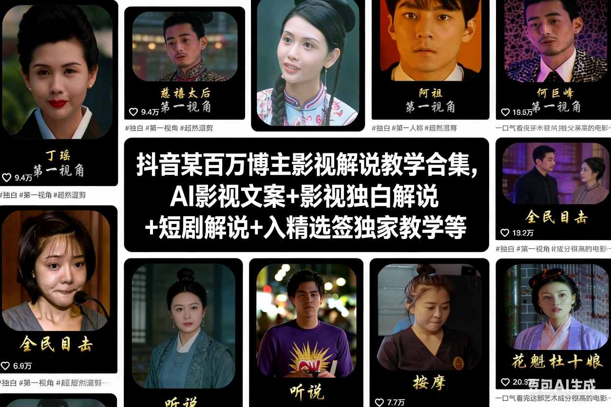抖音某百万博主影视解说教学合集，AI影视文案+影视独白解说+短剧解说+入精选签独家教学等-大米网创
