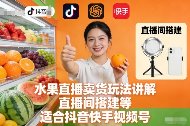 水果直播卖货玩法讲解、直播间搭建等，适合抖音快手视频号-大米网创