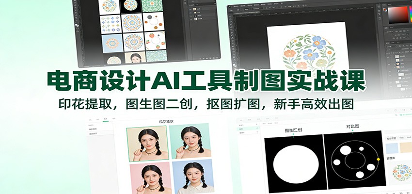 电商设计AI工具制图实战课：印花提取，图生图二创，抠图扩图，新手高效出图-大米网创