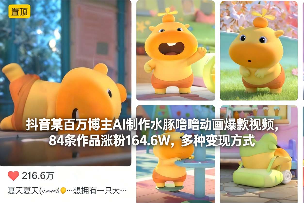 抖音某百万博主AI制作水豚噜噜动画爆款视频,84条作品涨粉164.6W,多种变现方式-大米网创
