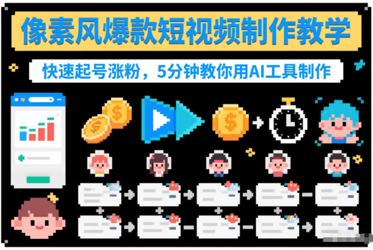像素风爆款短视频制作教学，快速起号涨粉，5分钟教你用AI工具制作-大米网创