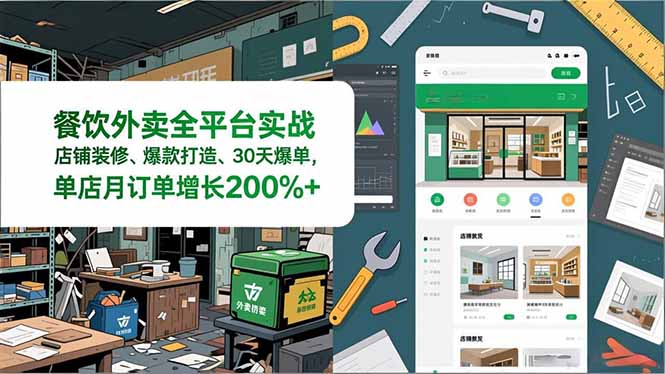 餐饮外卖全平台实战，店铺装修、爆款打造、30天爆单，手把手教学，单店月订单增长200%+-大米网创