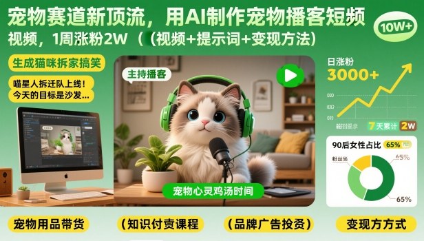 宠物赛道新顶流，用AI制作宠物播客短视频，1周涨粉2W（视频+提示词+变现方法）-大米网创