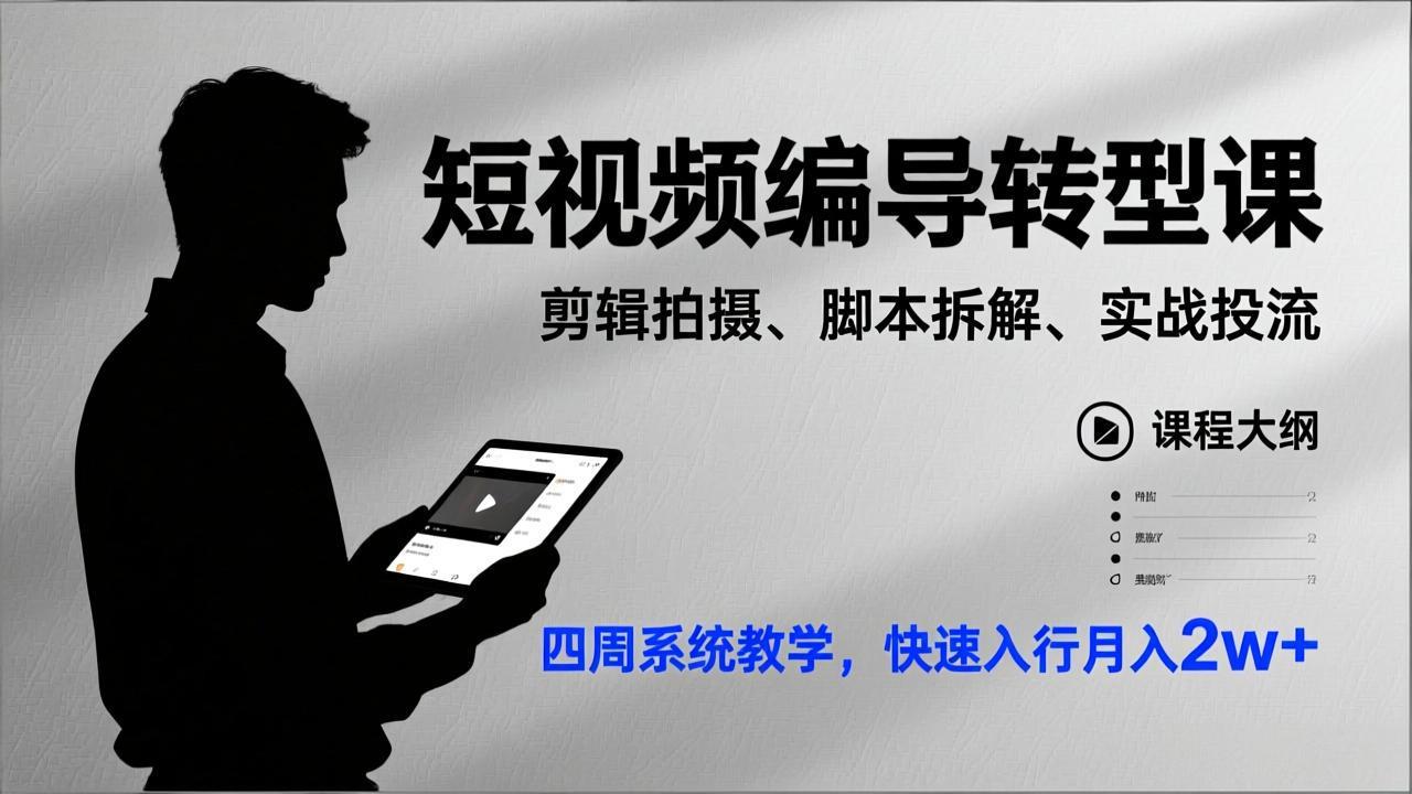 短视频编导转型课，剪辑拍摄、脚本拆解、实战投流，四周系统教学，快速入行月入2w+-大米网创