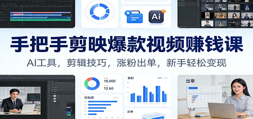 手把手剪映爆款视频赚钱课:AI工具,剪辑技巧,涨粉出单,新手轻松变现-大米网创