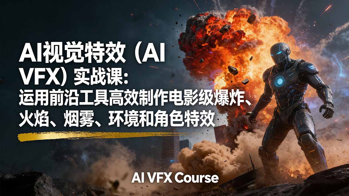 AI视觉特效（AI VFX）实战课：运用前沿工具高效制作电影级爆炸、火焰、烟雾、环境和角色特效-大米网创