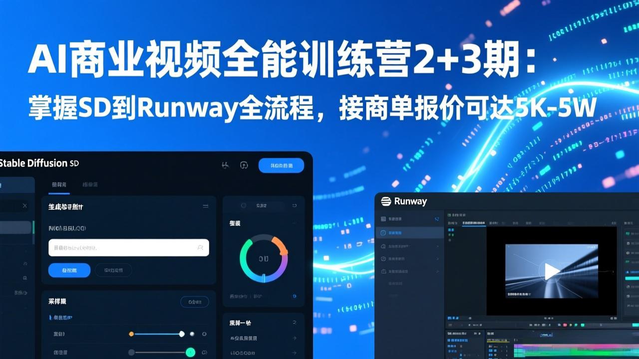 AI商业视频全能训练营2+3期：掌握SD到Runway全流程，接商单报价可达5K-5W-大米网创