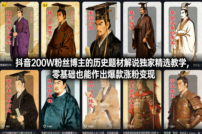 抖音200W粉丝博主的历史题材解说独家精选教学,零基础也能作出爆款涨粉变现-大米网创