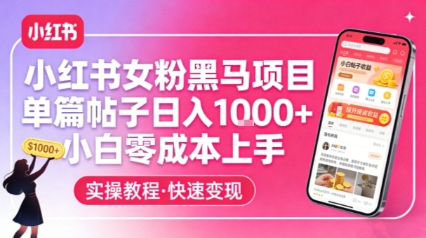 小红书女粉黑马项目,单篇帖子日入1k+,小白零成本上手-大米网创