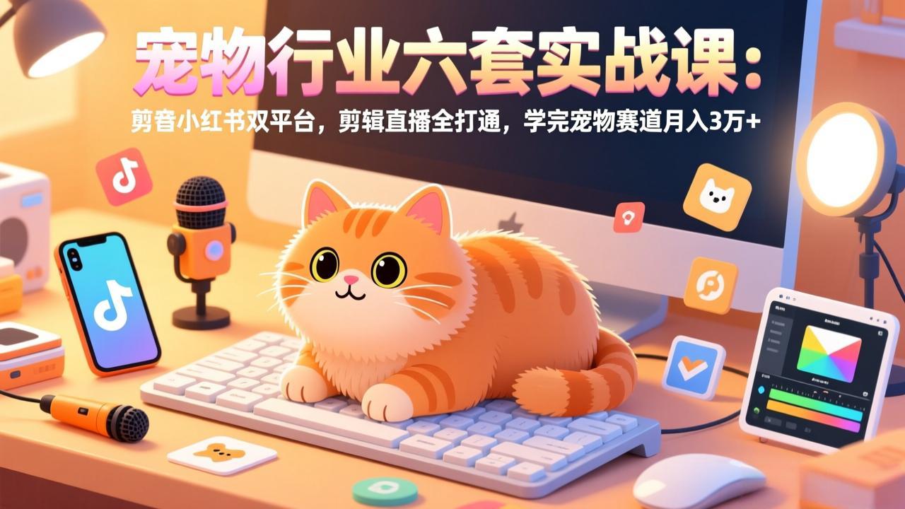 宠物行业六套实战课：抖音小红书双平台，剪辑直播全打通，学完宠物赛道月入3万+-大米网创