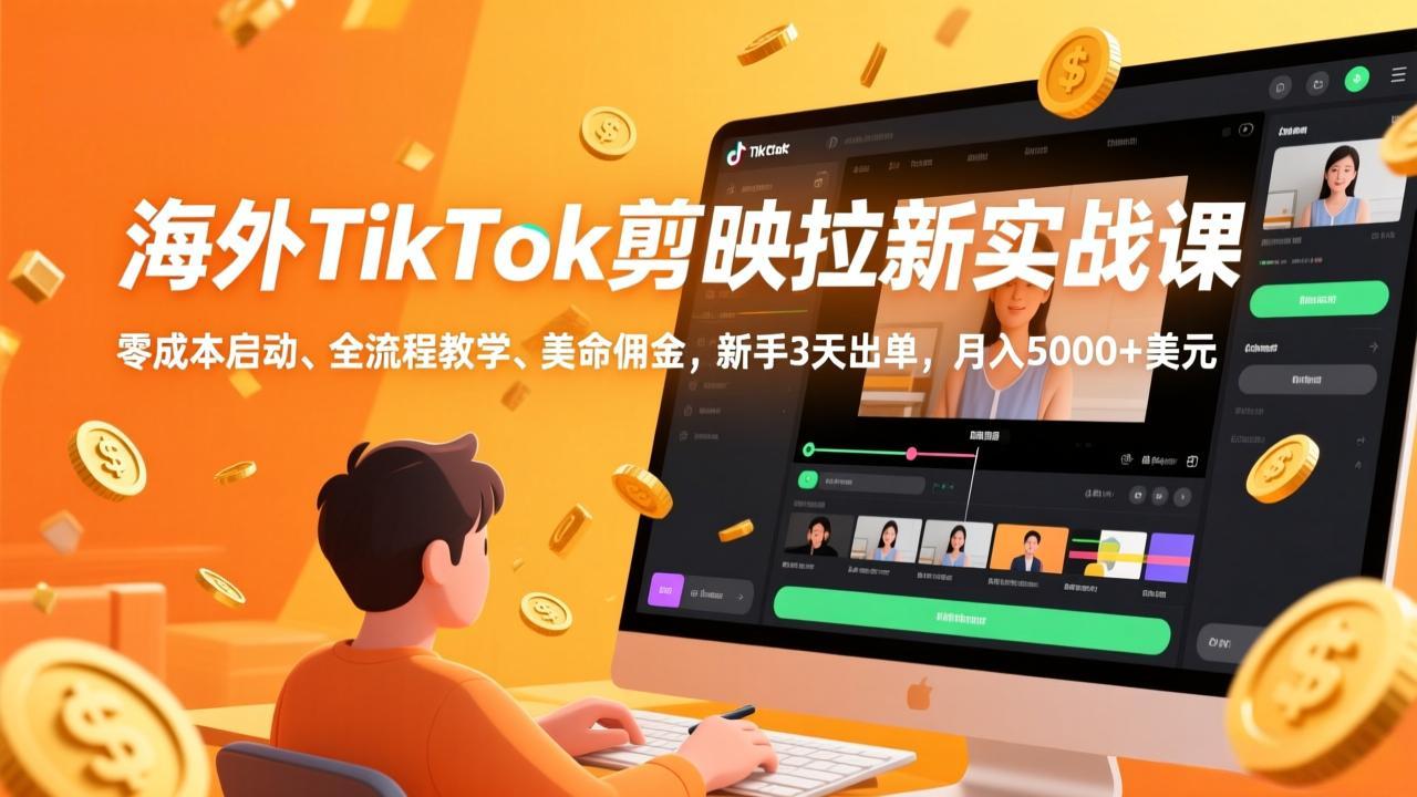 海外TikTok剪映拉新实战课，零成本启动、全流程教学、美金佣金，新手3天出单，月入5000+美元-大米网创
