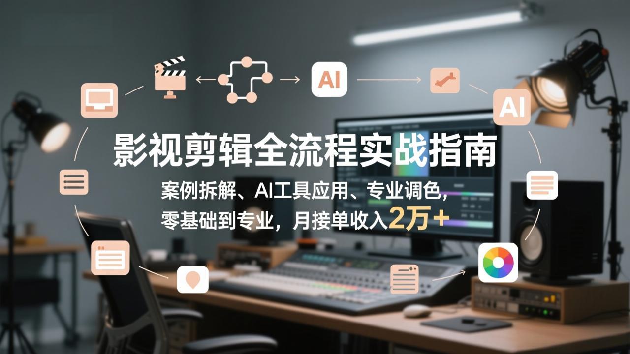 影视剪辑全流程实战指南，案例拆解、AI工具应用、专业调色，零基础到专业，月接单收入2万+-大米网创
