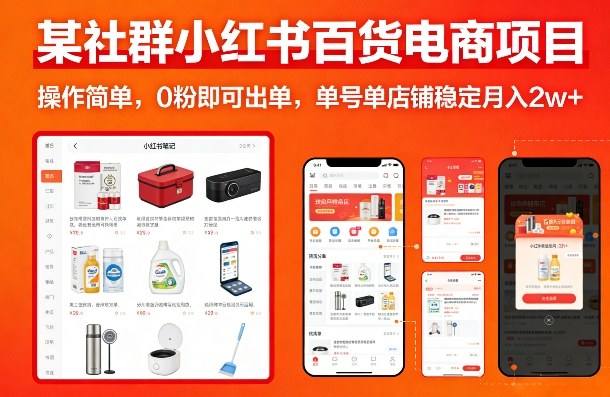 某社群小红书百货电商项目，操作简单，0粉即可出单，单号单店铺稳定月入2w+-大米网创