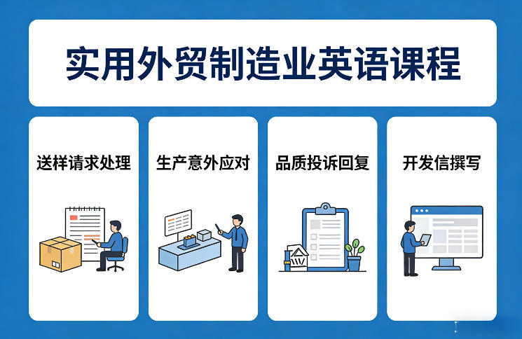 实用外贸制造业英语课程，教你专业处理送样请求、应对生产意外、回复品质投诉、撰写开发信等-大米网创