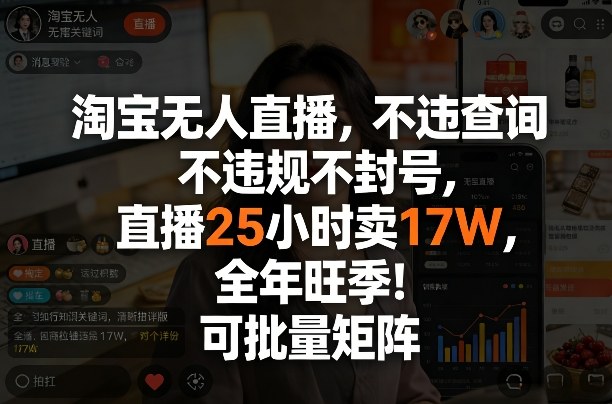 淘宝无人直播，不违规不封号，直播25小时卖17W，全年旺季！可批量矩阵-大米网创