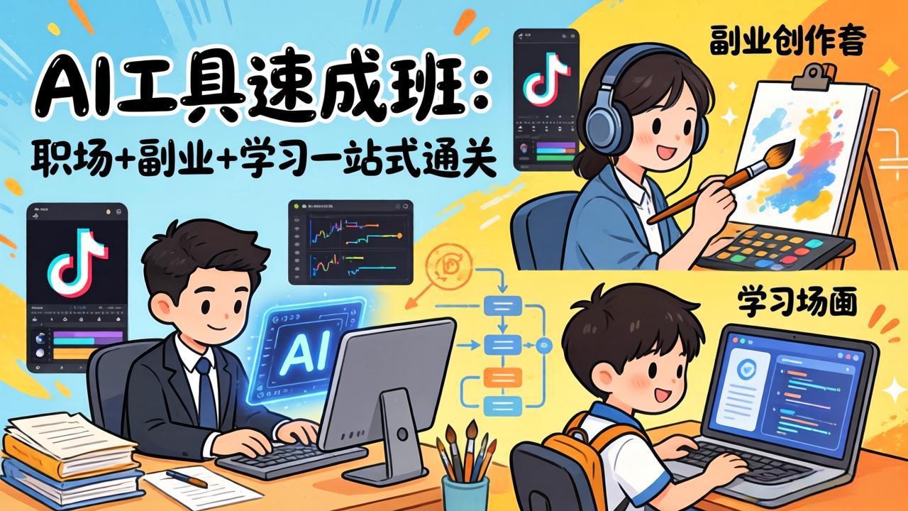 AI工具速成班：职场+副业+学习一站式通关，20+爆款类型+剪映技巧+抖音算法，0基础快速上手-大米网创