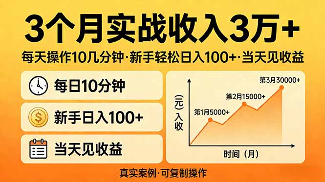 3个月实战收入3万+，每天操作10几分钟，新手轻松日入100+，当天见收益-大米网创