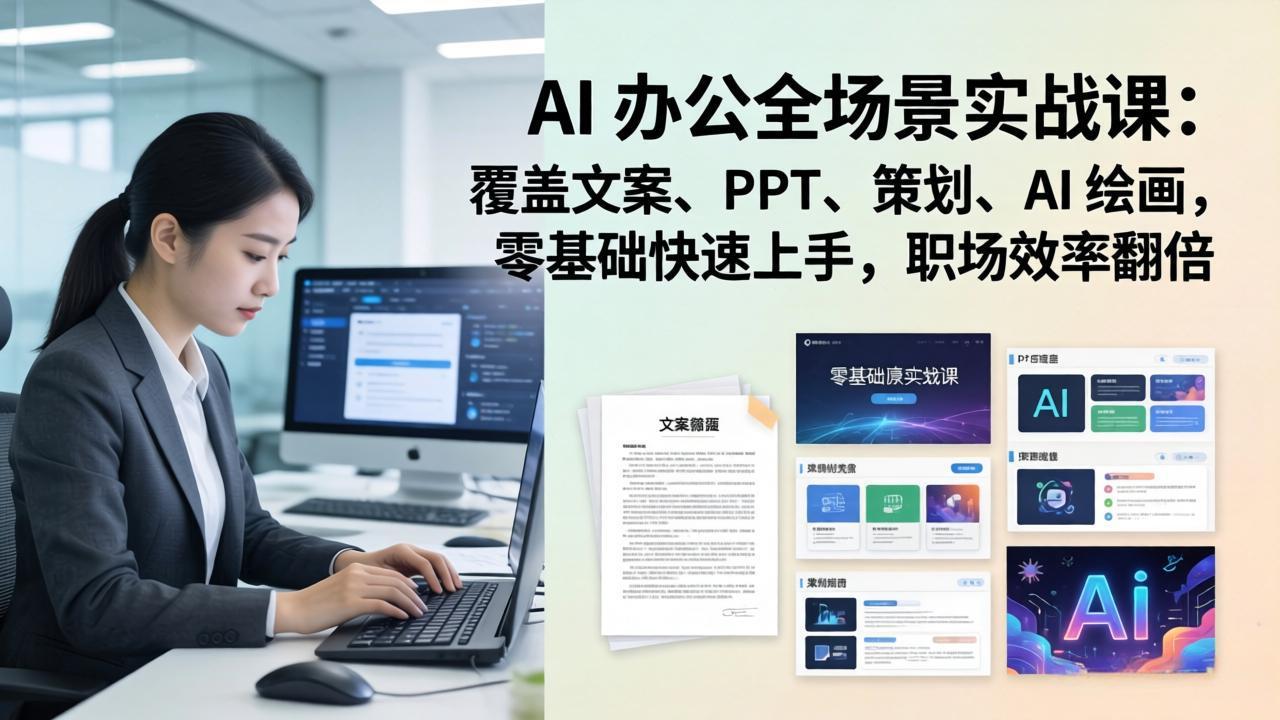 AI 办公全场景实战课：覆盖文案、PPT、策划、AI 绘画，零基础快速上手，职场效率翻倍-大米网创